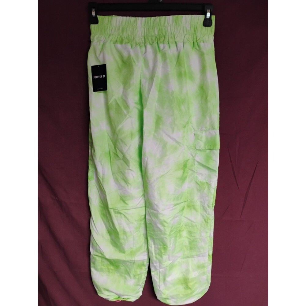Forever 21 Wind Pants Size Medium Women's Neon Lime Green White Flaw Ankle Woven